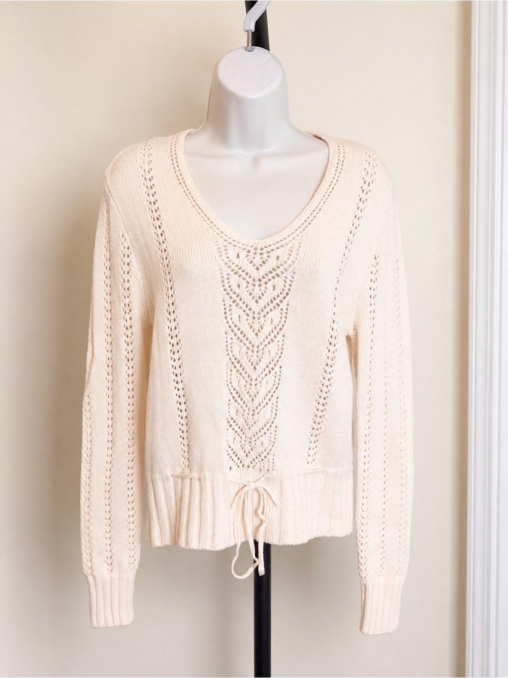 Jones New York Large Cream 100% Merino Wool Open Knit V-Neck Sweater - Picture 2 of 13